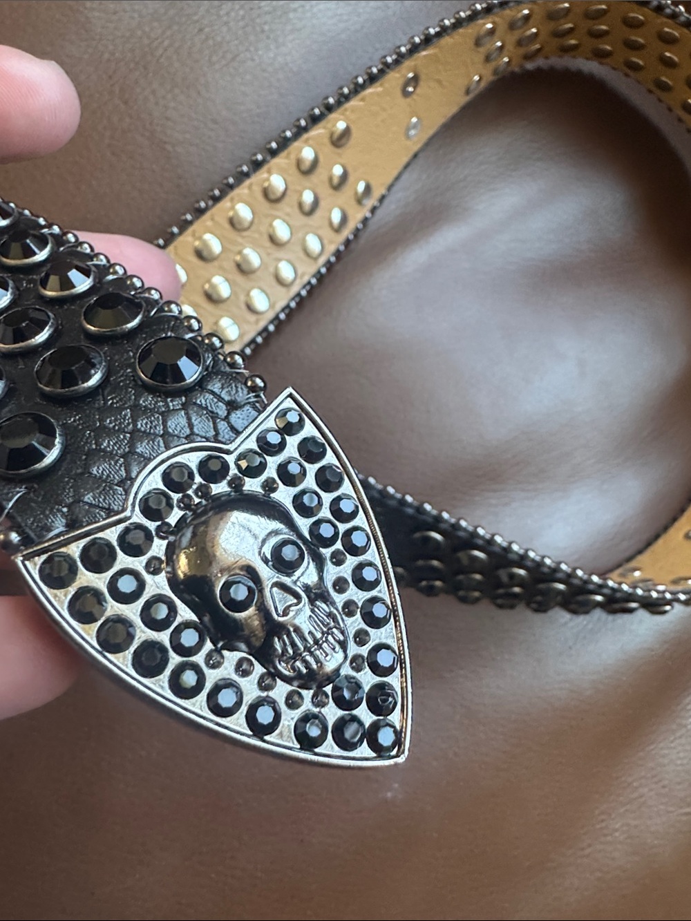 Studded Skull Rhinestone Belt with Decorative Buckle Western, Cowgirl, Gothic - Picture 3 of 9